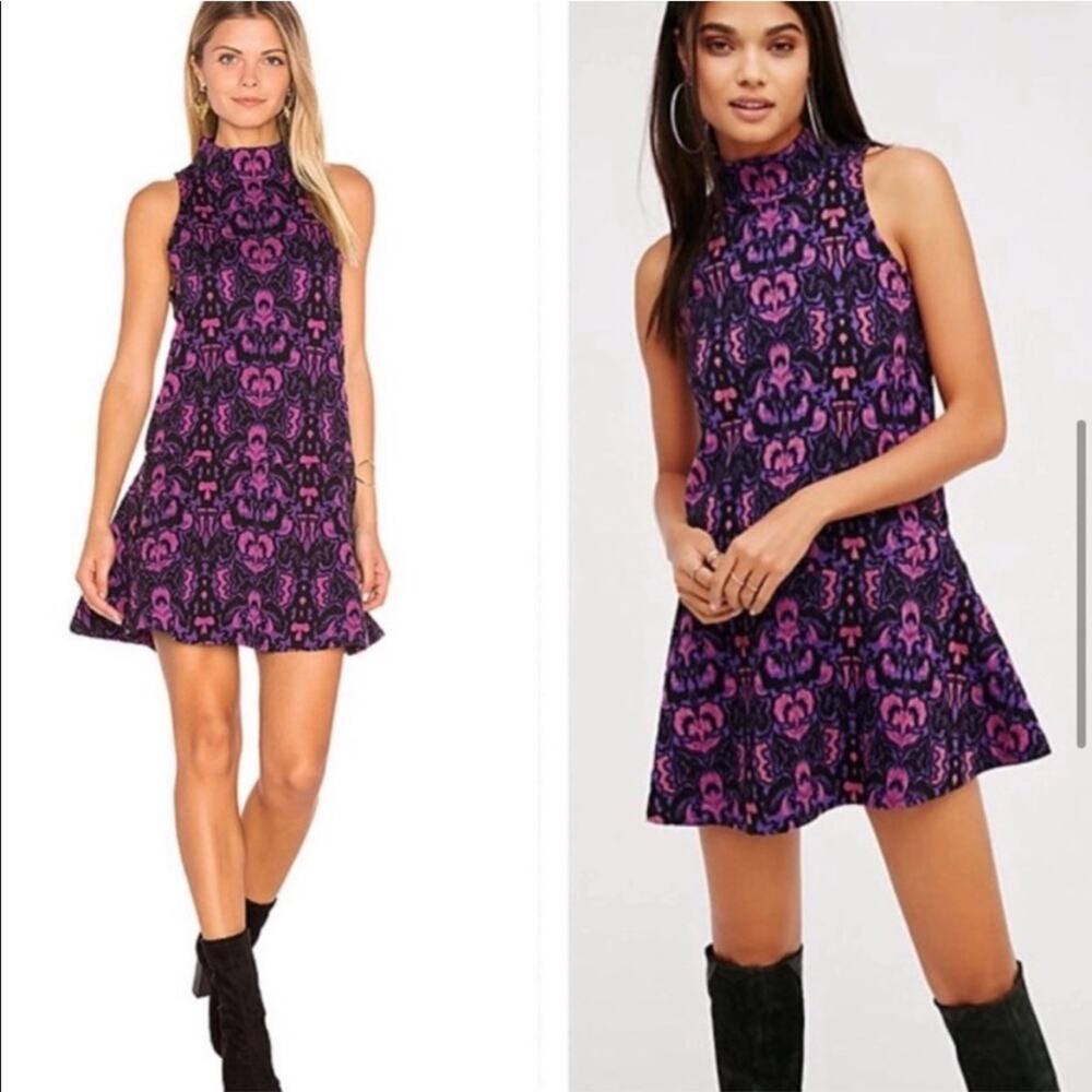 Free people Amelia black and purple mock neck mini dress